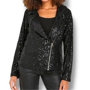 NWT Venti.6 Black Sequined Biker Zip/Snap Jacket Long Sleeve-Pockets-Collar